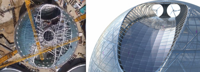 In cima alla sfera ci sono due turbine che genereranno elettricità per alimentare l'edificio